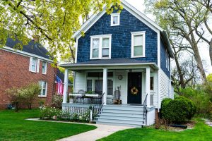 Blue home in the summer